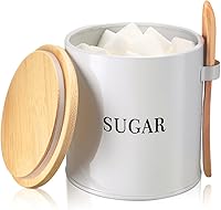 AISBUGUR 17oz Airtight Sugar Bowl with Lid & Wooden Spoon - White Metal Sugar Jar for Kitchen Countertop Decor & Coffee Bar