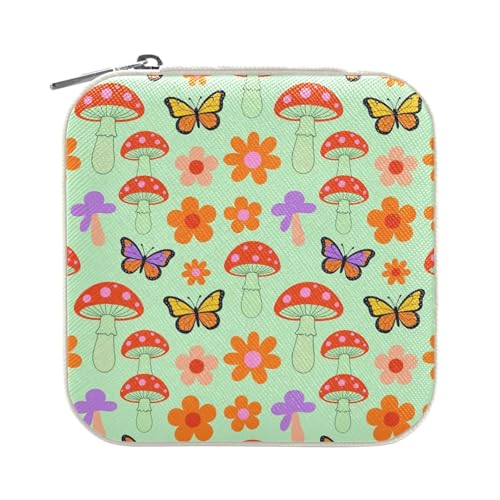 tplaotee Maletín de viaje para joyas, diseño de hongos de los años 60 y 70, diseño de mariposas y flores, organizador de joyas portátil para mujeres y mujeres