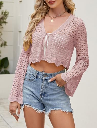 Image of Women's Soft Crochet Tie Front Cardigan Cropped Knit Bolero Shrug Summer Beach Cover Up Top
