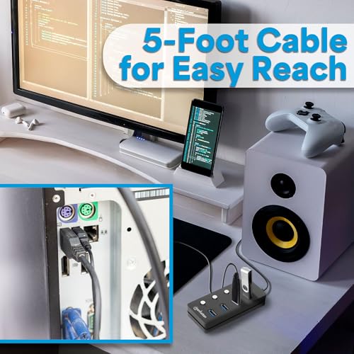 Image of 4 Port USB Extension Cable Hub with (5ft Long Cord) - USB 3.2 Powered USB Splitter On /Off Switches - USB Extender /Multiport Adapter for Desktop Computer, Laptop, PC Accessories