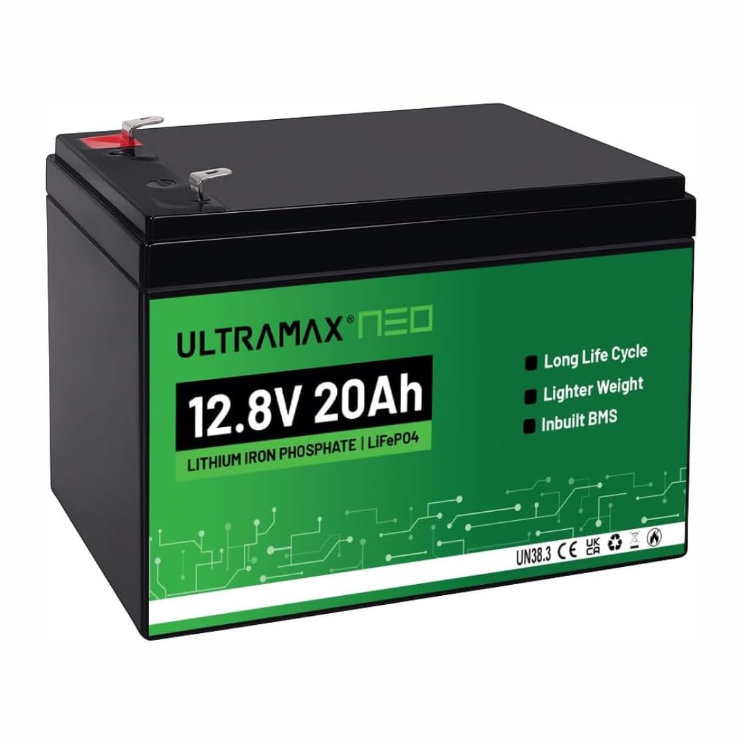 ULTRAMAX Neo LiFePO4 Batterie au lithium 12,8 V 20 Ah | Plus de 10 000 cycles | Batterie rechargeable légère à cycle profond avec BMS intelligent | UPS, alarme, marine, LED et applications autoportées