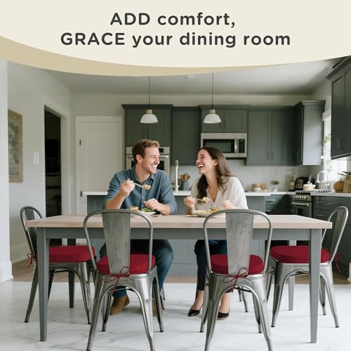Image of AddGrace Set of 6 Chair Cushions for Metal Dining Chairs 14x14 Red | Non Slip,Washable Removable Cover with Ties, Textured, for Kitchen Dining Room Indoor, Hard Wooden Chairs, Family Gathering