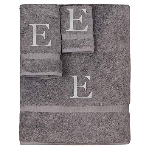 Monogrammed Towel Set, Personalized Gift, Set of 3- Silver Block Letter Embroidered Towel - Extra Absorbent 100% Turkish Cotton - Soft Terry Finish - Initial E Gray