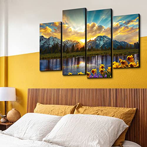Mountain Canvas Wall Art Sunflower Scenery Wall Decor 4 Pcs, Sunrise Grand Teton Nature Landscape Pictures Art 48 X 32" National Park Painting Artwork For Living Room Bedroom Kitchen Home Decoration #TOP1
