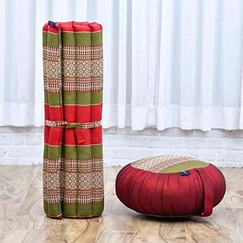 Image of Leewadee Meditation Cushion Set - 1 Round Zafu Meditation Pillow and 1 Square Roll-Up Zabuton Meditation Mat, Pillows Bundle Filled with Kapok