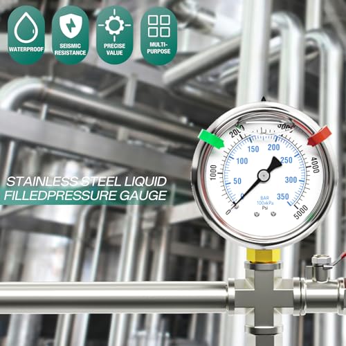 Image of 0-5000PSI Stainless Steel Glycerin Liquid Filled Pressure Gauge, 1 /4 inch NPT 2.5 inch Dial, Lower Mount, Designed for Pressure Testing of Water, Oil and Air (with Range Mark Pointer)