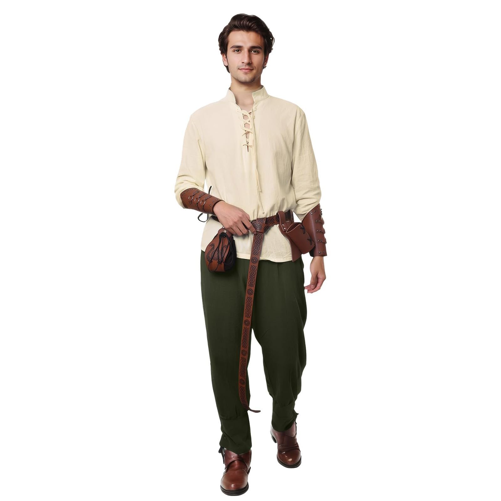 Mittelalter Hemd Viking Kostüm Herren,5 Stück Renaissance Kostüm Set Hose mit Zubehör, für Halloween Karneval Pirat Cosplay