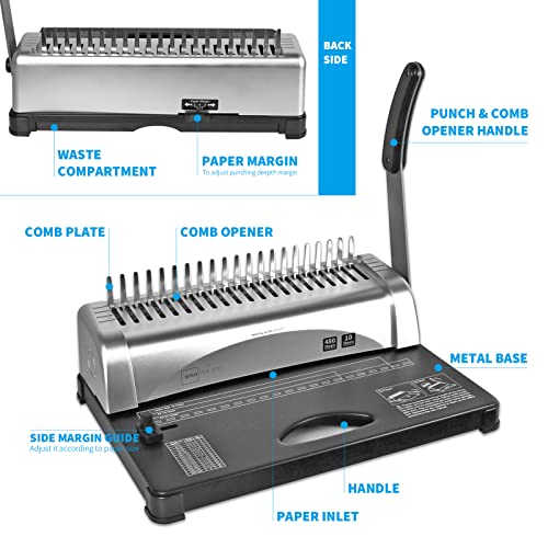 Binditek Comb Binding Machine, 21-Hole, 450 Sheet, Comb Punch Binder Machine With Starter Kit 100 Pcs 1/2" Binding Combs, Comb Binder Machine For Letter Size, A4, A5 Or Smaller Sizes #TOP3