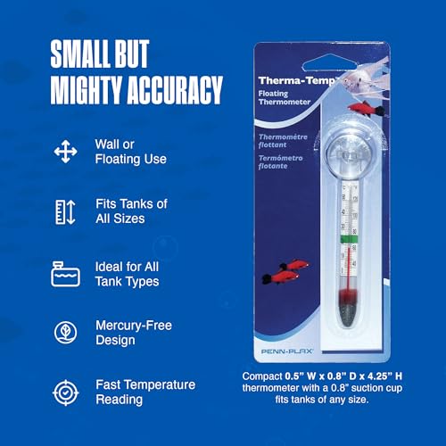Image of Penn-Plax Therma-Temp Floating Aquarium Thermometer - Easy to Read - Temperature Gauge with Optional Suction Cup & Removable Mount - Safe for Freshwater & Saltwater Tanks - Multicolor, 4.25 Inches