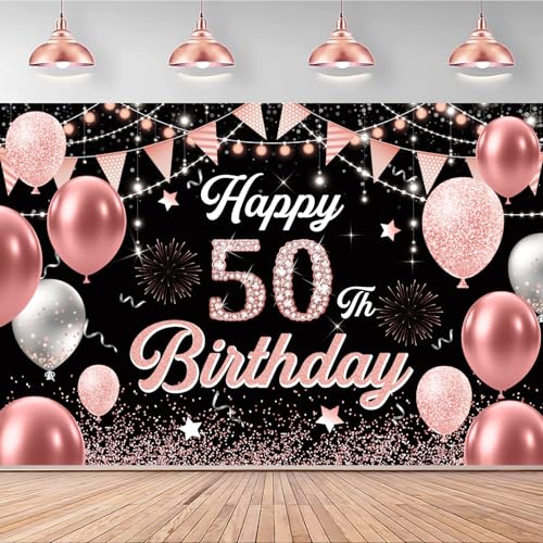 Image of 50th Birthday Decorations for Women - Happy 50th Birthday Banner Decorations Cheers to 50 Years Birthday Party Indoor and Outdoor Decoration Suppiles Pink Backdrop for 50th Birthday Party Favors Decor