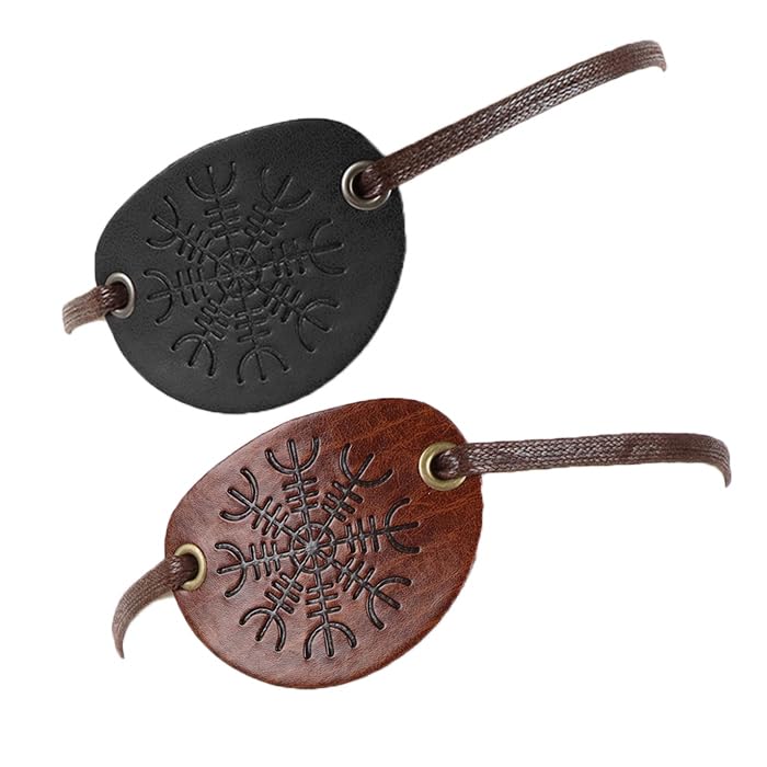 FakeFace 2 Pack Leather Eye Patch for Adult Right and Left Eyes Cosplay Pirate Eye Patch Vintage Eye Cover Mask for Halloween Role Play Fancy Dress (Black+Brown-Style 2) - Image 2