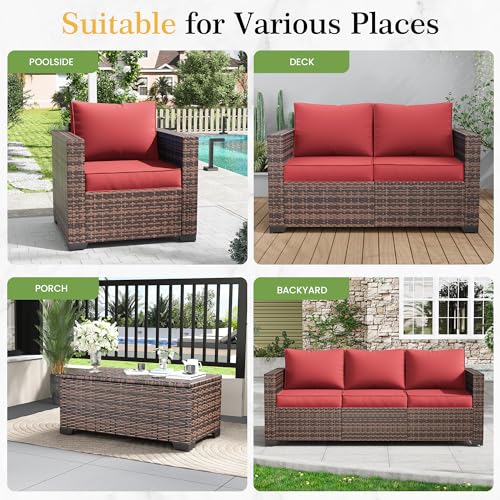 Image of Amopatio 2 Pieces Outdoor Ottoman for Patio, Foot Rest for Couch, All Weather Outdoor Patio Footstool Rattan Patio Ottoman with 4 inch Thick Removable Cushion (Burgundy)