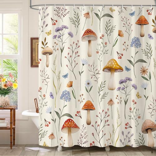 Dazzlewall Mushroom Shower Curtains for Bathroom Vintage Botanical Bathroom Shower Curtain Set Plants Wildflower Fabric Curtains with Hooks 72x72 in
