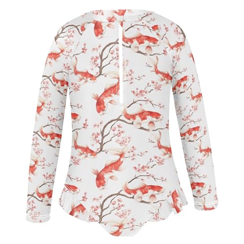 Koi Fish Pink Cherry Blossom Girls Long Sleeve Rashguard Swimsuit UV Protection One-Piece Swimwear B04050732