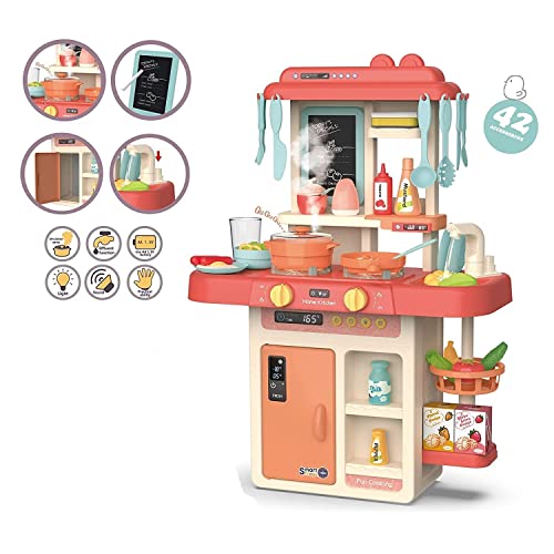 Image of Plastic Kitchen Set Toys With 42 Pcs Lights & Sounds, Play Sink With Running Water, Dessert Shelf Toy & Accessories Kitchen Set for girls (Oraange)