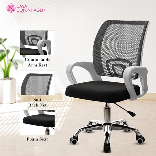 Image of Casa Copenhagen Mesh Mid Back Office /Study /Computer /Revolving /Desk Chair for Work from Home -Metal Base, Height Adjustable Seat - Black & White Handle