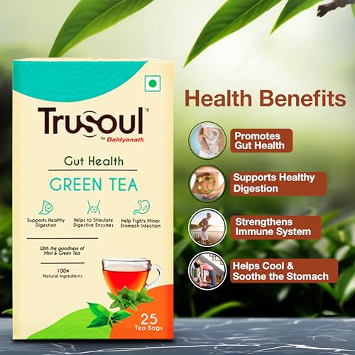 Image of Baidyanath Natural Herbal Gut Health Green Tea - 25 Bags | Enriched with the Goodness of Mint - Supports Healthy Digestion and Gut Health (Pack of 3)