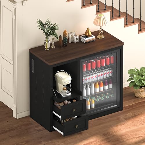 Image of 47.2 inch Coffee Bar Cabinet with Mini Fridge Space, Farmhouse Wine Bar Cabinet with Storage Drawers, Fridge Cabinet with Power Outlet, Sliding Shelf for Kitchen Dining Room, Black