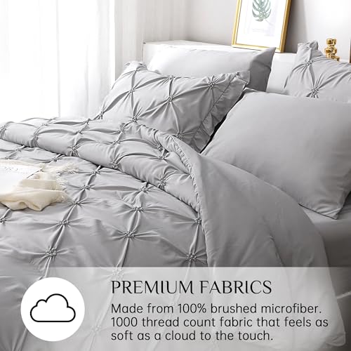 JOLLYVOGUE Grey Queen Comforter Set, 7 Pieces Pintuck Comforters Queen Size, Bed in a Bag Queen Comforter for Bedroom, Bedding Comforter Sets with Comforter, Sheets, Ruffled Shams & Pillowcases
