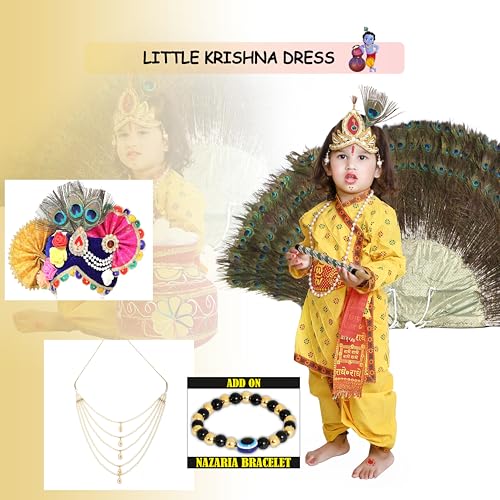 Image of Krishna Dress for Kids, Baby Krishna Dress for Janmashtami with Krishna Mukut, Peacock Feather & Flute Embroidered Krishna Costume for Girl & Boy, 3 Months-8 Years