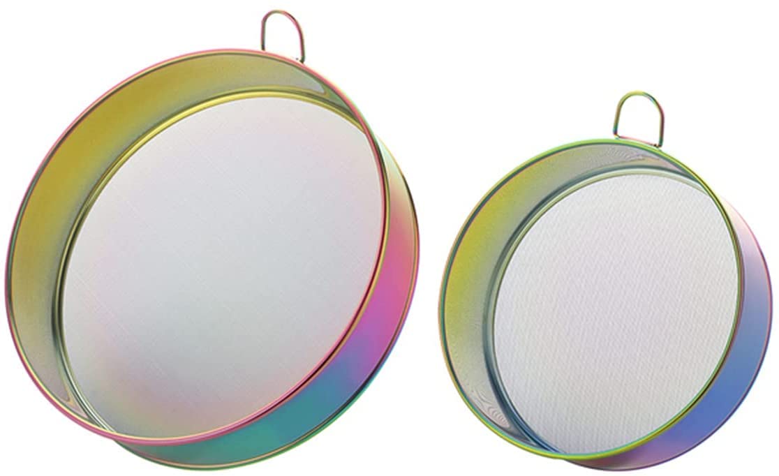 SUNSENGEUR 2 Pack 304 Stainless Steel Fine Flour Sieve,80 Mesh 6 Inch/ 8 Inch/Baking Fine Mesh Strainer for Bake Decorate Cakes,Pies,Pastries,Cupcakes,Round Sifter-Rainbow Color