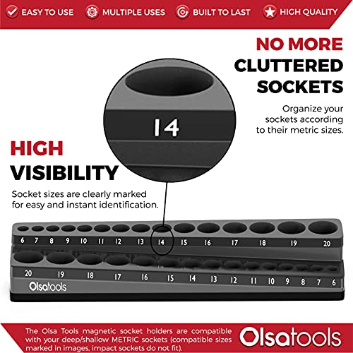Image of Olsa Tools Magnetic Socket Organizer - 3 /8-Inch Drive Metric Socket Holder with Strong Magnets - Professional Tool Holder and Organizer - Stores up to 30 Sockets - Black - Part: - 1119