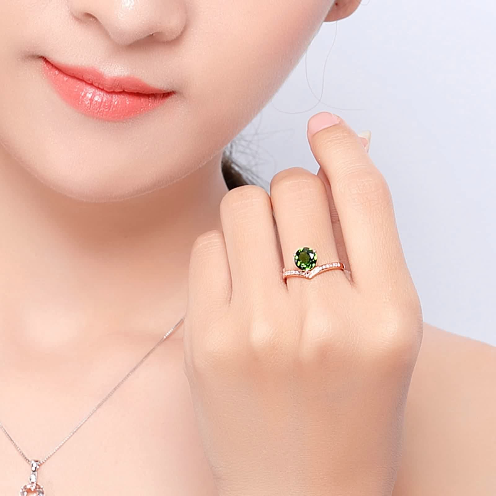 Anillos Mujer Oro 18 Kilates, Joyas de Mujer con 7mm Diópsido Diamante Forma V Oro Rosa 18 Kilates para Boda Aniversario Día de San Valentín