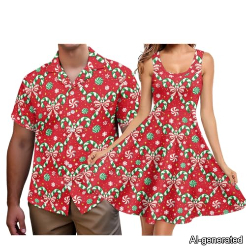 Image of Dreaweet Summer Dresses for Women A-Line Sleeveless Flowy Sun Dresses,Men's Casual Button-Down Shirts,Couple Matching Outfits