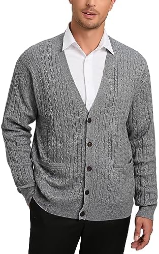Kallspin Men&#39;s Cardigan Sweater Wool Blend Cable Knit V Neck Buttons Cardigan with Pockets