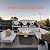 AJ Enjoy 42'' Propane Fire Pit Table, Marble Tile Ceramic Tabletop with Glass Wind Guard, 50,000 BTU Fire Table, Inclined Leg and Art Powder Design, Blue Glass Rocks, Including Lid&Cover