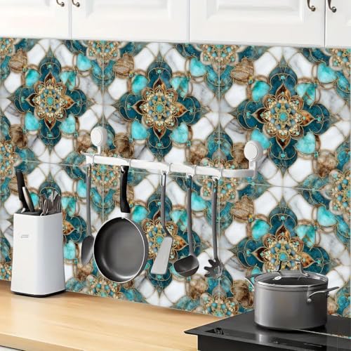 Image of Moroccan Tile Stickers | Waterproof Self Adhesive Peel & Stick Tile Decals for Kitchen Backsplash, Bathroom Wall, Floor, Furniture & Glass (6x6 Inch, Design 56)
