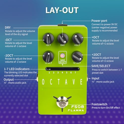 Image of FLAMMA FS08 Octave Pedal Electric Guitar Polyphonic Octave Effects Pedal Dry Signal Control 7 Presets Slots