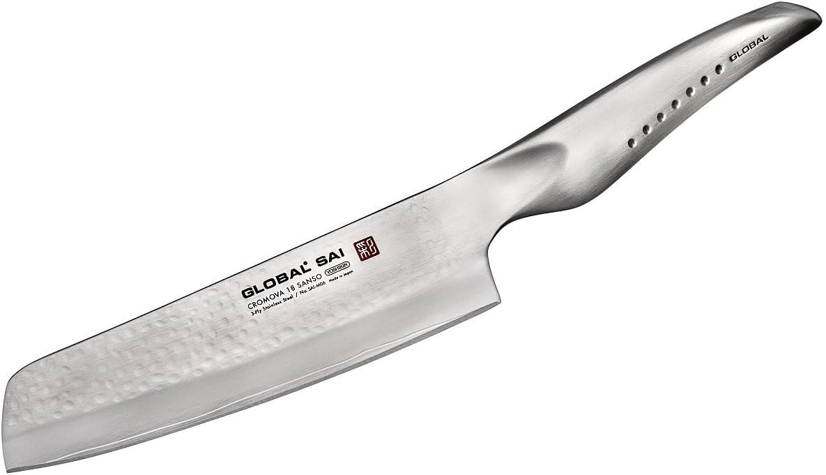 Global SAI 7 1/2 Inch Santoku Knife - Lightweight Japanese Stainless Steel, Razor Sharp Edge, Hand Hammered Blade, Thumb Rest, Made in Japan, SAI-03