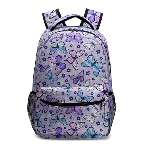 Kwlegh Butterfly Backpack for Girls Purple Blue Pink Butterflies Schoolbag for Elementary Primary Preschool Lightweight Kindergarten Bookbags Daypack with Chest Straps for Kids