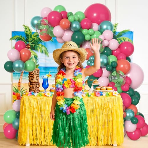 Image of Amandir 153pcs Tropical Balloon Arch Kit Different Sizes | 18 12 10 5 inch Hot Pink Green Orange Palm Leaves Hawaiian Luau Balloons for Summer Aloha Birthday Beach Party Decorations