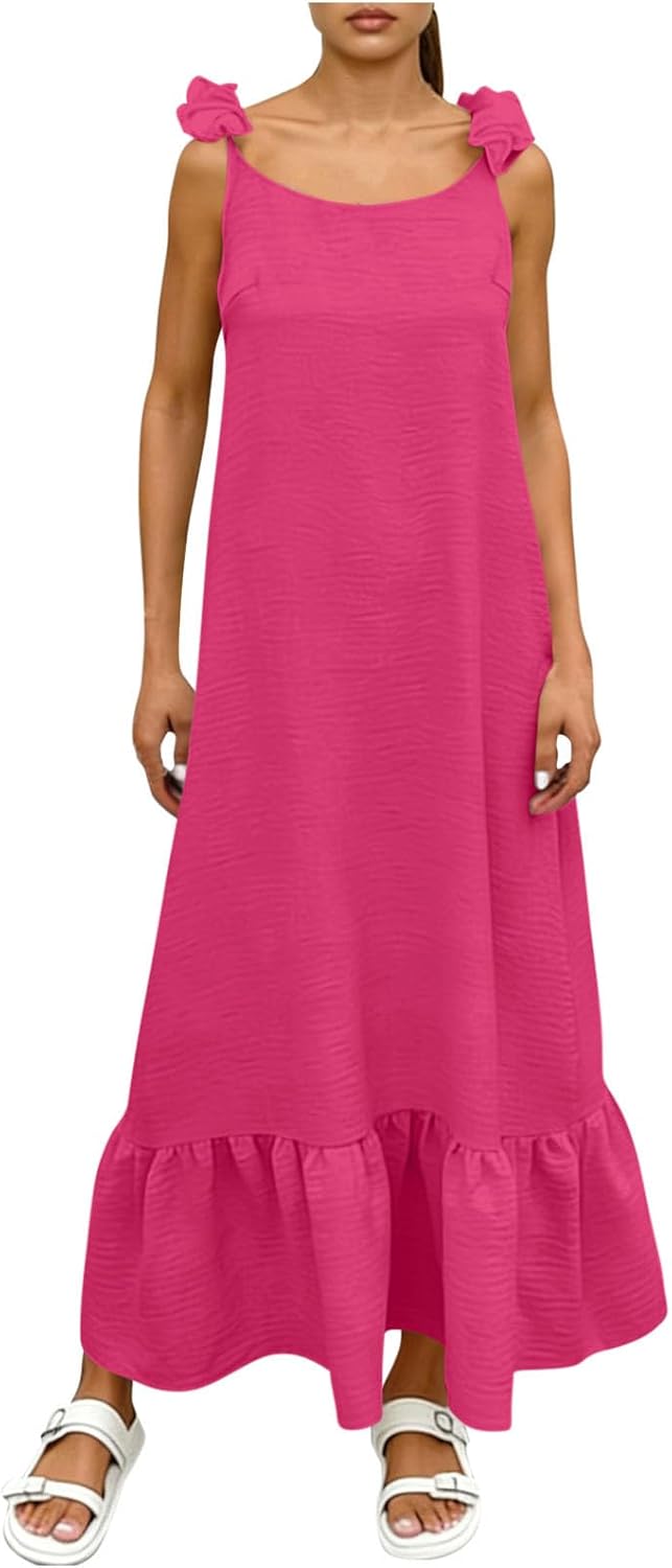 Women's Sleeveless Spaghetti Strap Maxi Dress Casual Summer Dresses Ruffle Long Beach Vacation Sundresses