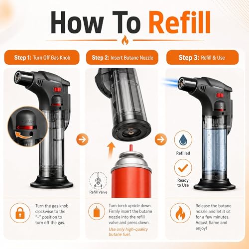 Image of Blow Torch Lighter | Jet Flame Kitchen Torch | Windproof Refillable Butane Gas Lighter for BBQ, Cooking, Stove,Soldering, Candle, Resin Art, Camping | Adjustable Flame | Safety Lock (1)