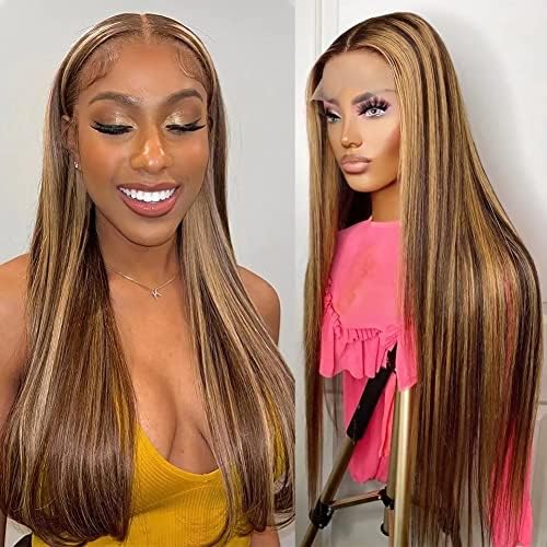 Highlight Ombre Blonde Lace Front Wig Human Hair Pre Plucked 13x4 Colored HD Lace Frontal Wigs with Baby Hair 180% Density Honey Blonde Straight Lace Front Wigs Human Hair for Black Women 20 Inch