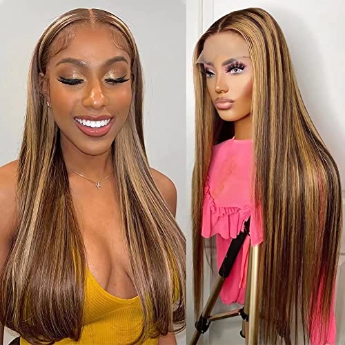 Highlight Ombre Blonde Lace Front Wig Human Hair Pre Plucked 13X4 Colored Hd Lace Frontal Wigs With Baby Hair 180% Density Honey Blonde Straight Lace Front Wigs Human Hair For Black Women 20 Inch #TOP2