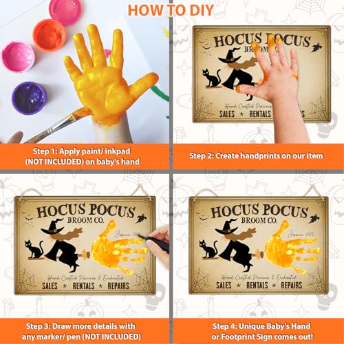 Image of Hocus Pocus Broom Co DIY Handprint Wooden Sign, 7x10in Vintage Halloween Witch Decor, DIY Baby's First Halloween Signs, Holiday Craft, Gift for Kids Toddler, New Mom, New Dad, Memory Keepsake