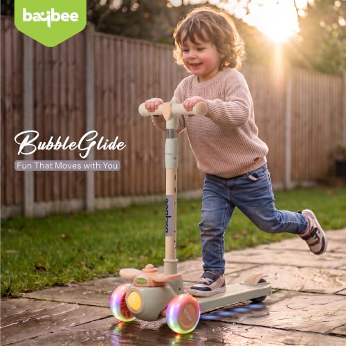 Image of Baybee Skiddo Baby Kick Scooters for Kids with 3 Height Adjustment | Foldable Skating Scooter with Foot Brake | Kids Scooter with RGB Lights & Music | Runner Scooters for Kid 2-10 Years (Grey)