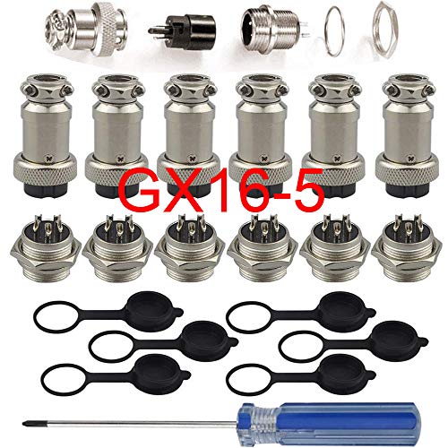 RUNCCI-YUN 6Pcs GX16-5 Broches Aviation Connecteur, 16MM Metal Panneau Aviation Connecteur Prise, 5A Male Femelle Aviation Prise avec Caoutchouc Protecteur Capuchon et Phillips Tournevis Cover