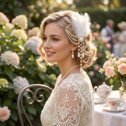 2Pcs Accesorios para el Cabello Victoriano para Mujeres, Clips de Barrette con Pluma de Avestruz y Borla de Perla Estilo Reina del Renacimiento del Siglo XVIII, Disfraz Marie Antoinette Peinado Colmena Rubio miniatura 7
