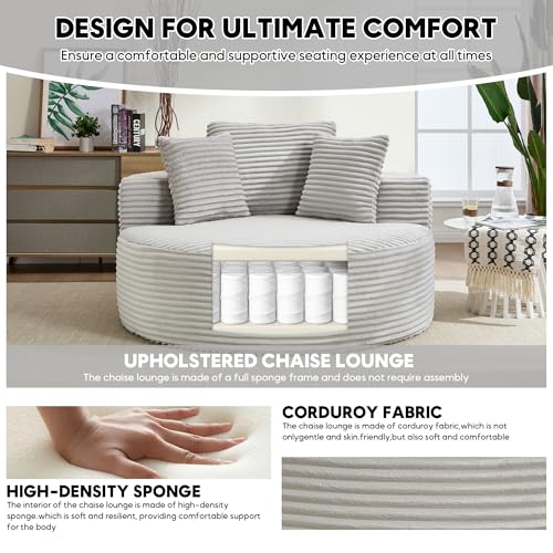 Image of Oversized Round Chair Lounge Chaise Indoor, 55.5 inch Upholstered Corduroy Deep Seat Single Cloud Sofa Chair, Fluffy Modern Large Circle Boneless Sleeper Sofa for Living Room, Bedroom, Grey