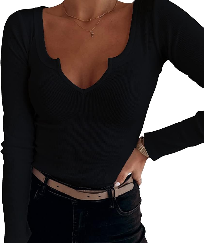 Roselux Women V Neck Ribbed Long Sleeve Shirt Fitted Basic Slim Knit Top - Image 2
