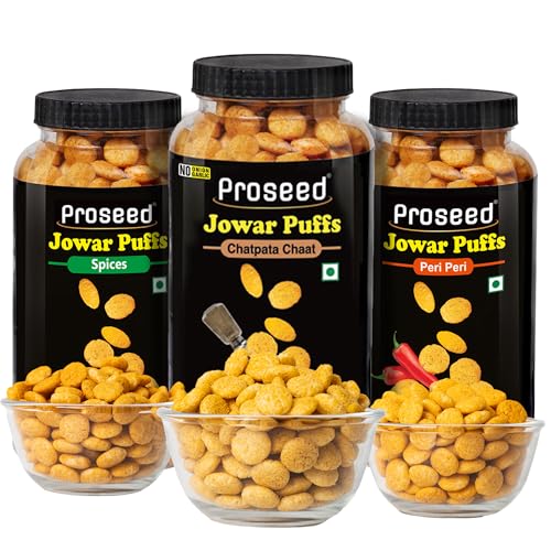 Image of Proseed Jowar Puffs (Spices, Chatpata Chaat & Peri Peri) | 150g x 3 Packs (Total 450g) | Slow Roasted & 100% Veg | No Refined Flour, Sugar & Trans-Fat | Gluten Free, No Palm Oil, Healthy Millet Snacks