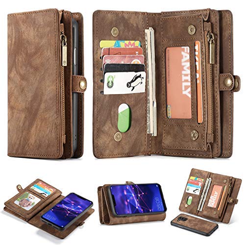 Preisvergleich Produktbild Simicoo Mate 20 Pro Leder Schutzhülle mit 11 Kartenfächer Standfunktion Reißverschluss Abnehmbare Magnetverschluss Robuste Silikon Brieftasche Tasche Handtasche für Mate 20 Pro (Brown)