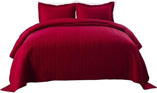 Miniatura 1 de MarCielo Juego de edredón ligero de 3 piezas de microfibra, colcha de cama prelavada con hojas (borgoña, King)