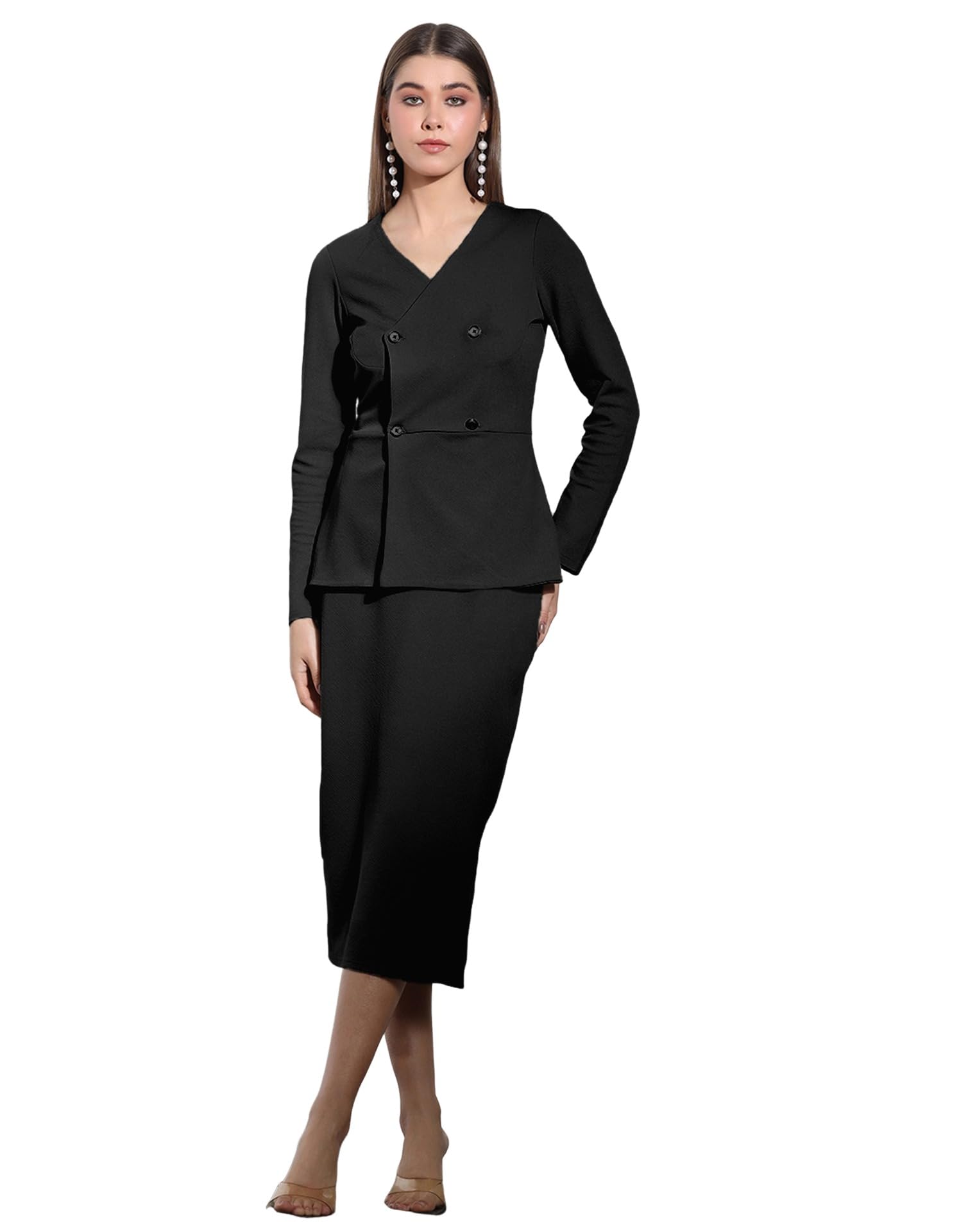 Women's Formal Blazer Style Top with Pencil Skirt, Elegant Business Wear Co-Ord Set