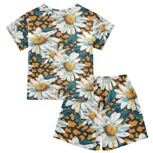 ALAZA Daisy Flowers Leopard Spots Pajama Set Short Sleeve Sleepwear Soft Lounge Nightwear2